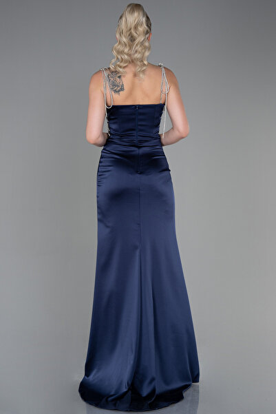 Abiyefon Lacivert Taş Askılı Yırtmaçlı Uzun Saten Abiye ABU3198