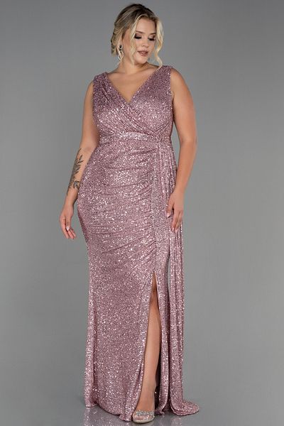 Abiyefon Powder Sleeveless Double-breasted Collar Long Sequin Plus Size Evening Dress ABU3194