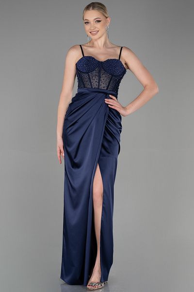 Abiyefon Navy Blue Satin Evening Dress - Bead Detail and Leg Cut-out, Long Abu3312