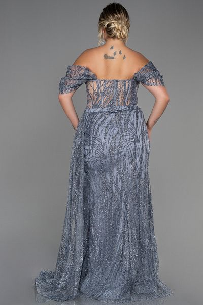 Abiyefon Silver Boat Neck Slit Long Glitter Plus Size Evening Dress ABU3097