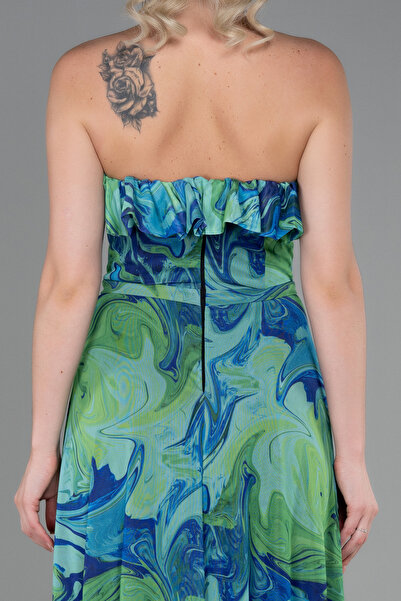 Abiyefon Yeşil Desen Straplez Yırtmaçlı Empirme Uzun Abiye ABU3086