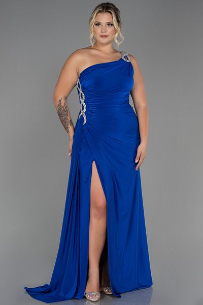 Abiyefon Saks Blue Single Shoulder Slit Long Plus Size Evening Dress ABU3132