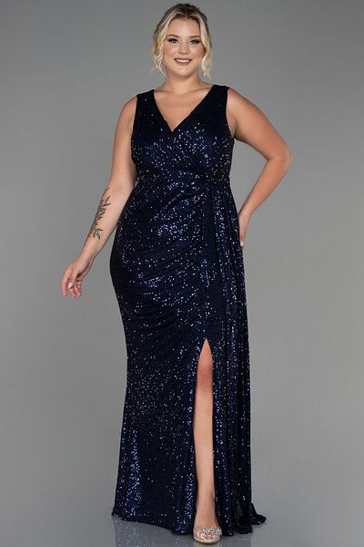 Abiyefon Navy Blue Sleeveless Double-breasted Collar Long Sequin Plus Size Evening Dress ABU3194