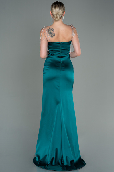 Abiyefon Zümrüt Yeşili Taş Askılı Yırtmaçlı Uzun Saten Abiye ABU3198