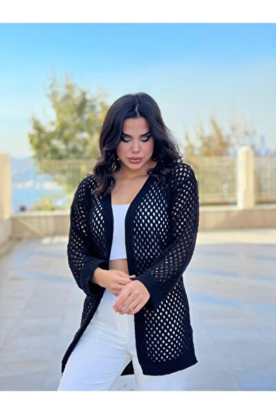 Dier Moda KADIN TRİKO FİLELİ DELİKLİ OVERSİZE HIRKA