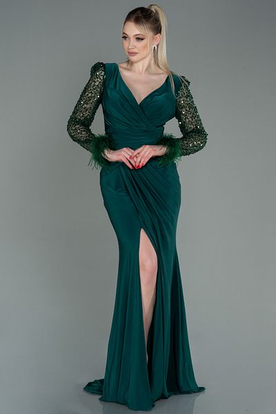 Abiyefon Emerald Green Sequin Long Sleeve Slit Evening Dress Dress ABU3008