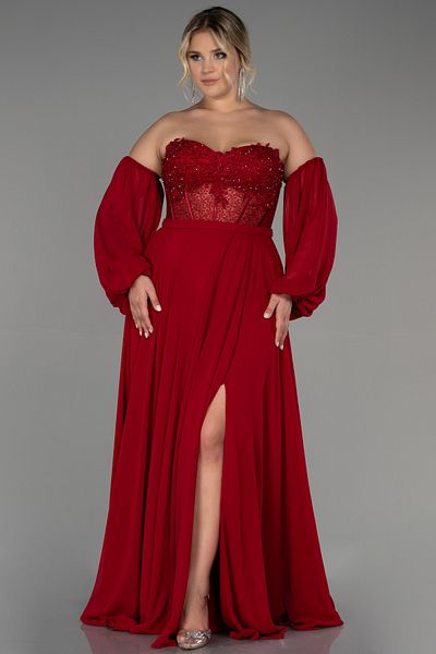 Abiyefon Red Strapless Underwire Corset Chiffon Plus Size Evening Dress ABU3266