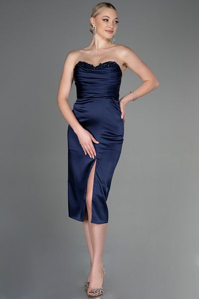 Abiyefon Navy Blue Jewelled Strapless Chest Draped Midi Satin Evening Dress ABK1845