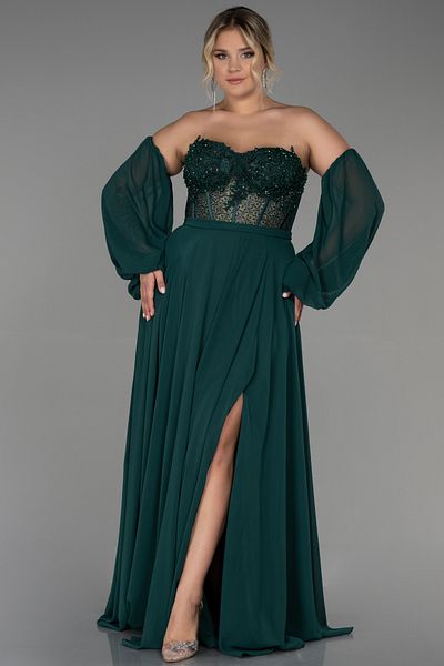 Abiyefon Plus Size Strapless Emerald Green Chiffon Evening Dress - ABU3266