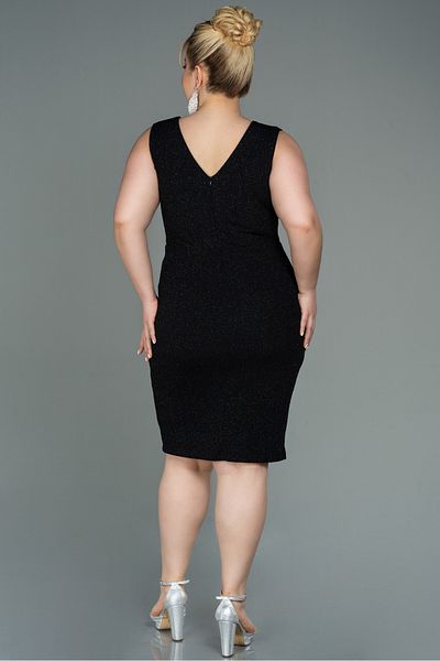 Abiyefon Black Sleeveless V-Neck Glitter Midi Plus Size Evening Dress ABK1752