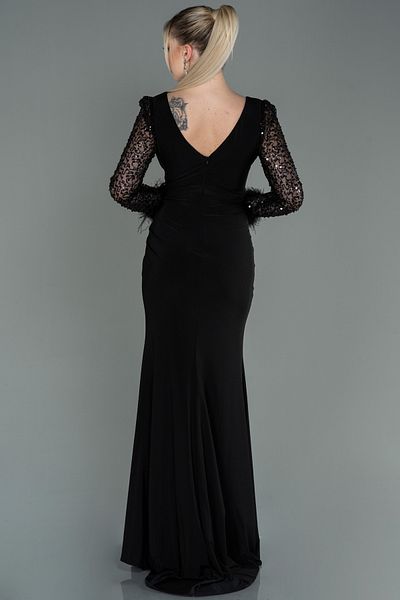 Abiyefon Black Sequin Long Sleeve Slit Evening Dress ABU3008