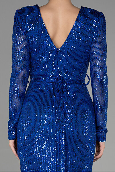 Abiyefon Saks Mavi Uzun Kol Yırtmaçlı Pullu Midi Davet Elbisesi ABK1808