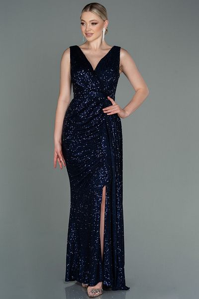 Abiyefon Navy Blue Sleeveless Double-breasted Collar Long Sequin Evening Dress ABU3201