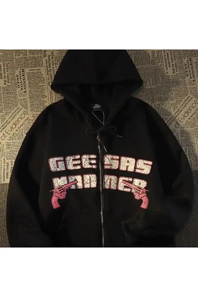 Gofeel Geesas Printed Black Oversize Cardigan - Harajuku Hooded Zippered Streetwear
