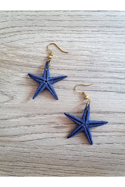 özde dekor Real Starfish Earrings - Navy Blue (Gold Color Metal)