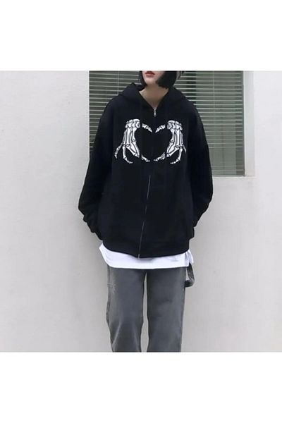 Gofeel Harajuku Black Oversize Cardigan - Hoodie, Skeleton Heart Print, Zip-Up Streetwear