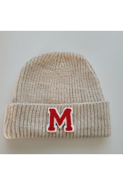 initialess Mohair Folded Knitted Stone Wool Beret with Letter M
