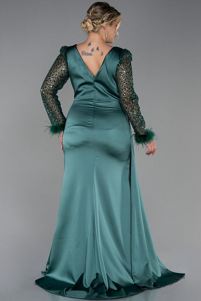 Abiyefon Long Sleeve Satin Plus Size Evening Dress Emerald Green Sequin - ABU3237