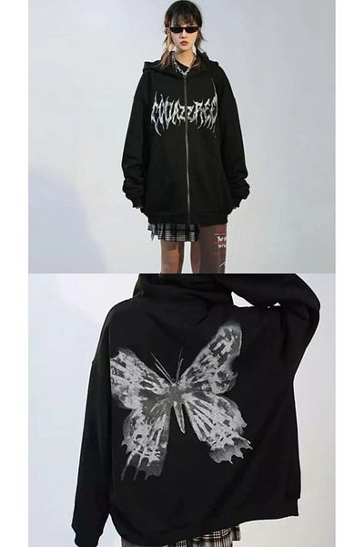 Gofeel Harajuku Hooded Back Printed Butterfly Printed Zippered Black Oversize Cardigan Streetwear