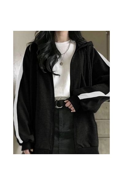 Gofeel Harajuku Hooded Stripe Detail Zippered Vintage Oversize Cardigan Streetwear