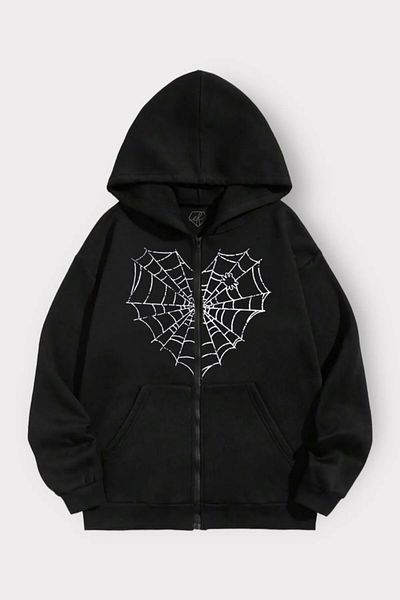 Gofeel Harajuku Hooded Spider Heart Web Printed Zippered Black Oversize Cardigan Streetwear