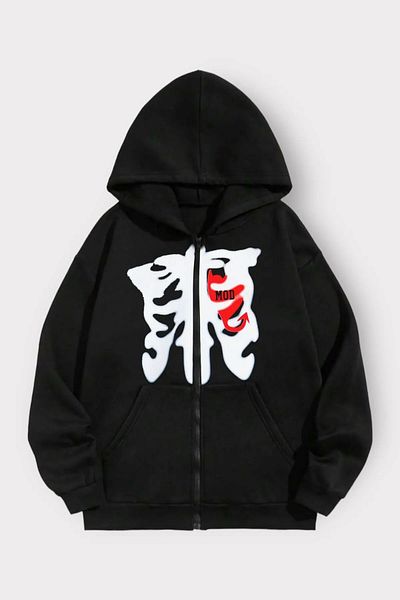 Gofeel Harajuku Hooded Skeleton Mode Printed Zippered Black Oversize Cardigan Streetwear