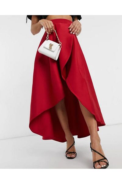 NSMLİFE Women's Asymmetrical Minimalist Red Wedding Wedding Ball Skirt Simple Stylish Satin Skirt