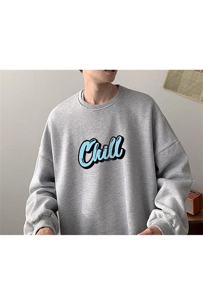 Touz Φούτερ Chill Blue με στάμπα γκρι Unisex Oversize Crew Neck