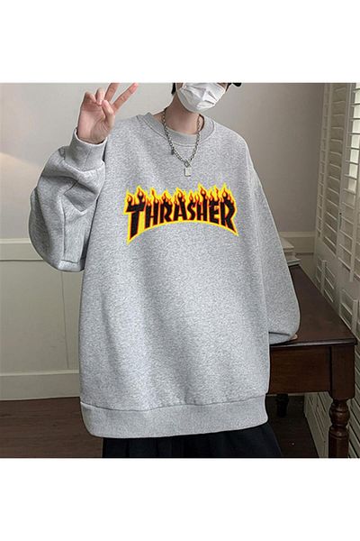 Touz Φούτερ Thrasher Printed Grey Unisex Oversize Crew Neck Φούτερ