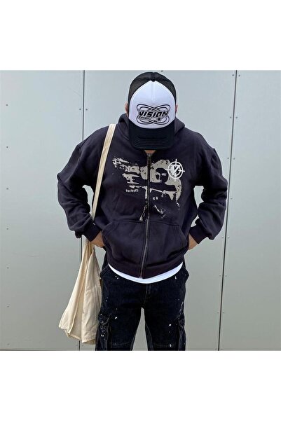 Touz Killer Girl Vicinity Printed Oversize Zippered Black Unisex Hooded Cardigan