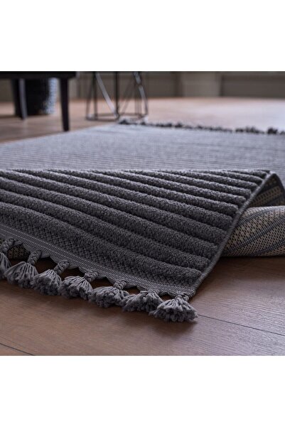 GÜMÜŞSUYU Deco Alvin 12612 Yeni Yüksek Kalite Modern Kabartmalı Örgü Saçaklı Antrasit Salon Halısı