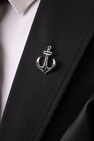 Esgue Black Slim Tie Handkerchief & Silver Color Anchor Brooch Men's Gift Set