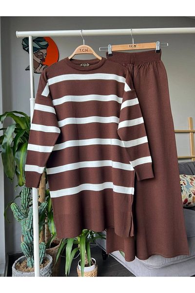 asyadabutik Set de tricotaje Hijab cu fante cu tunică în dungi