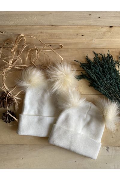 MARSEL BUTİK Cream Mother Daughter Double Pompom Beret