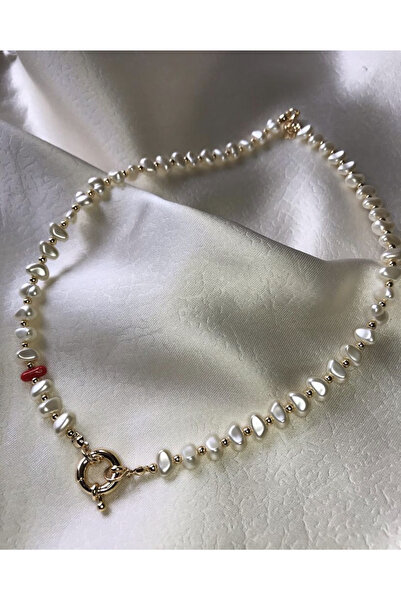 NURDEMİR BUTİK DÜMEN UÇLU YASSI İNCİ KOLYE * SEDEF- GOLD