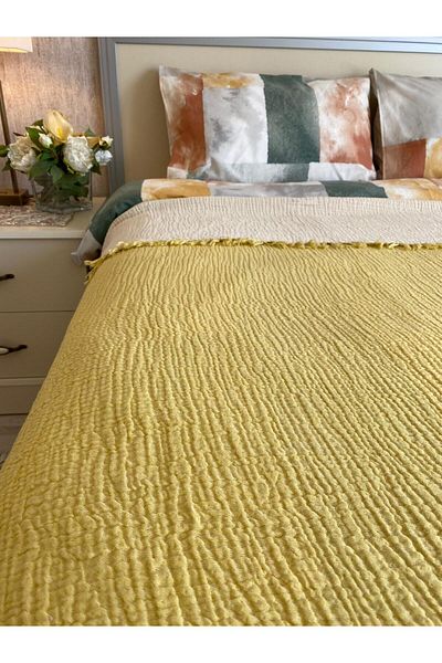 YASEMİNİNEVİ Lemon Yellow - Ecru King Size 4 Layer Muslin Bedspread 100% Cotton Muslin