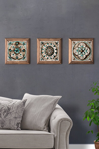 Oscar Stone Decor Masif (Ahşap) Çerçeveli 3'lü Set Taş Tablo Pano 28X28 Desen...