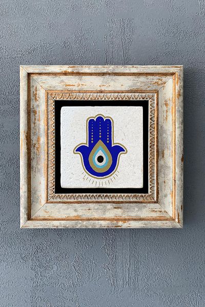 Oscar Stone Decor Decor Pictură decorativă de perete din piatră înrămată 20cm x 20cm Mărgele de ochi rău / Mâna Domnișoarei Fatma