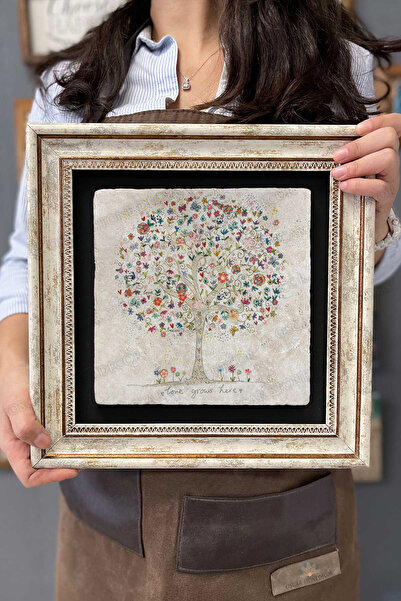 Oscar Stone Decor Çerçeveli Tablo Taş Duvar Dekoru 30 X 30 Cm Kelebek ve Çiçe...