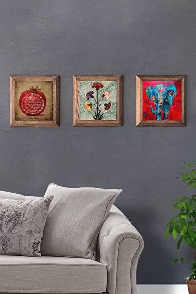 Oscar Stone Decor Masif (Ahşap) Çerçeveli 3'lü Set Taş Tablo Pano 28X28 Bereket Nar Ebruli Fil