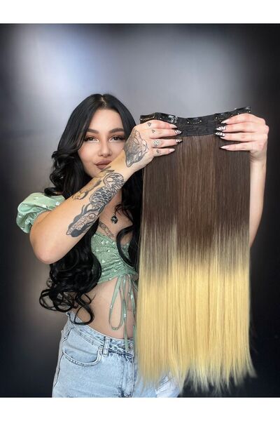 Suzan Peruk Düz Yarım Ay + 2 Yan Çıt Çıt -Koyu Sarı Ombreli