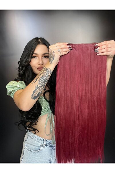 Suzan Peruk Düz Yarım Ay + 2 Yan Çıt Çıt - Koyu Kızıl