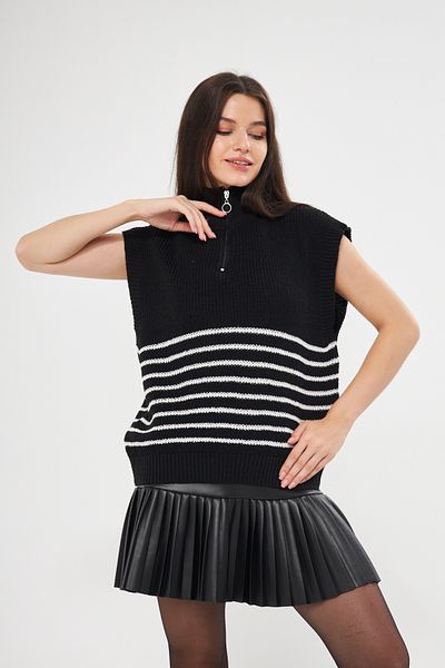 Eke Tekstil Black Zippered Striped Knitwear Sweater