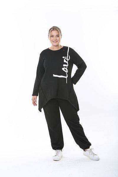 XL Modam WOMEN'S LARGE SIZE LYCRAL VISKOSE BLACK AND WHITE LOVE PRINTED TUNIC PANTS SET