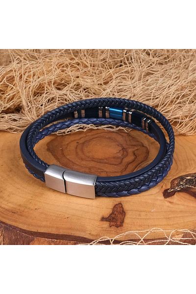 TESBİHCİBABA Deep Blue Special Design Leather Steel Men's Bracelet