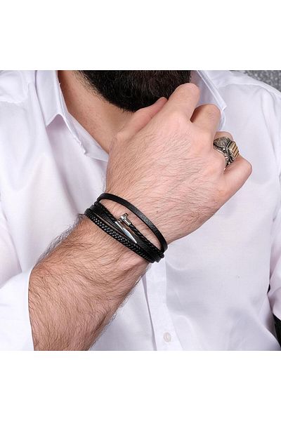 TESBİHCİBABA Deep Black Braided Men's Leather Steel Bracelet,