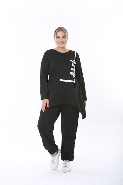 XL Modam WOMEN'S LARGE SIZE LYCRAL VISKOSE BLACK AND WHITE LOVE PRINTED TUNIC PANTS SET