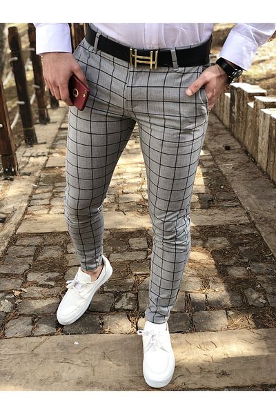 ukdwear Men's Gray Italian Cut Plaid Fabric Trousers