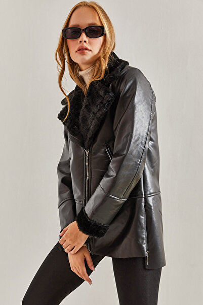 Bianco Lucci Palton din piele căptușit cu blană pentru femei, cu buzunar mic