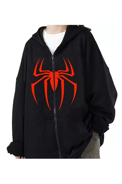 MECH BUTİK Örümcek Baskılı Unisex Siyah Fermuarlı Hırka Sweatshirt